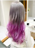 ホワイトアッシュグレージュブリーチデザインカラー×毛先ピンク