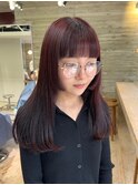 レッドカラーボルドーカラー赤髪ぱっつん前髪ブリーチなしカラー