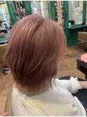 白髪染め／ブリーチ／ピンクベージュ／切りっぱなしボブ