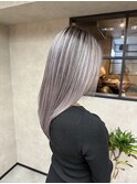 バレイヤージュ、ハイライト、レイヤーロング、グレーベージュ