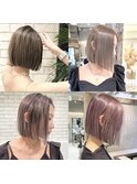 海外へア外国人風ピンクグレージュ切りっぱなしボブ M1209