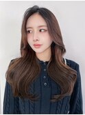 ロングくびれヘア顔周りレイヤー韓国ヘアおくれ毛_F30625
