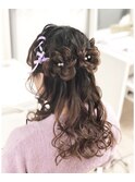 お花ハーフアップ/ヘアセット/ヘアメイク/編み込み/三つ編み