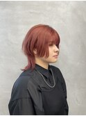 オレンジヘア　ピンクオレンジ　ウルフカット　ウルフヘア