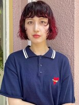 コンビネーション(combination)&nbsp;ピンクレッドカラー　ブリーチパーマ　似合わせミニボブパーマ