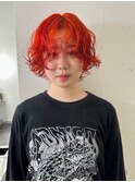 ビビッドオレンジボブパーマ