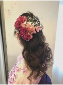卒業式袴着付け  ハーフアップ生花アレンジ