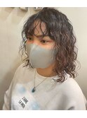 切りっぱなしボブ前髪ニュアンスウェーブ風スパイラルパーマ