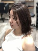 大船駅切りっぱなしミディアムボブレイヤーオリーブブラウン40代
