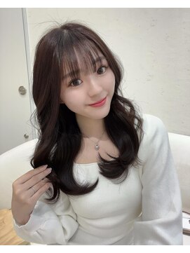 アム 表参道(am) 小顔薄めバンググレージュレイヤーロング前髪パーマ黒髪