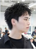 原宿ルーズパーマ短髪スパイキーショートヘアツーブロック黒髪