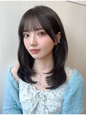 シャギーレイヤーロング韓国ワンホンヘアシースルーぱっつん前髪