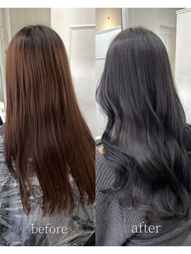 シーン(seen) 【ダークグレージュ】小顔前髪けびレイヤーカット黒髪ブルージュ