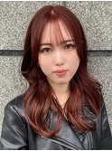 ミディアムレイヤーハッシュカット美髪赤髪ボルドー暖色ヘア