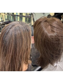 自然で透明感あるオリジナルの白髪染めを使わない白髪ぼかし技術で理想のカラーに。 【箕面/桜井】