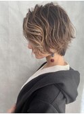 ナチュラルボブくびれヘアアプリコットオレンジハイライトカラー