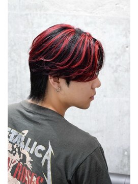 メンズオルズ 渋谷(MEN'S ALLZ) メンズハイライトカラーレッドミニマッシュセンターパートウルフ