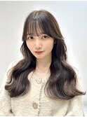 黒髪/グレーベージュ/レイヤーロング/前髪パーマ/髪質改善