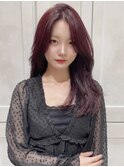 ボルドーカラー　レッドカラー　ワンホンヘア　レイヤーカット