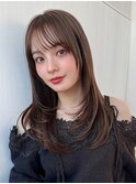 面長シースルーぱっつん前髪小顔レイヤーグレージュ20代30代
