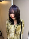 13914黒髪アッシュブラックブリーチなしウルフレイヤーバング