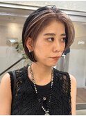 イヤリングカラー前髪インナーカラーピンクベージュバングカラー