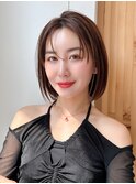 ひし形シルエットの丸みボブ赤みの少ない透明感ブラウンカラー