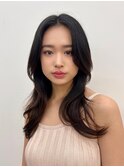 大人っぽ韓国ネイビーグレージュ前髪カット顔まわりレイヤー
