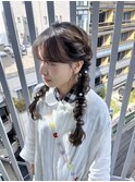 編みおろし ツインヘア ピンクメイク イベントヘア 推し活ヘア