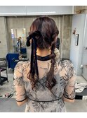 ツインポニーのリボンアレンジ