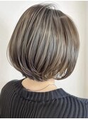 デザインカラーレイヤーカットウェットヘアオリーブベージュ白髪