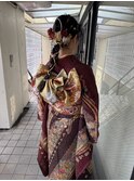 成人式 ヘアセット 着付け 編み下ろし玉ねぎヘア 金箔  水引き