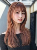 ロング　レイヤーカット　アプリコットオレンジ　20代30代