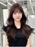 憧れうるツヤ韓国くびれロング/薄めぱっつん前髪/ピンクブラウン