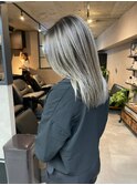 バレイヤージュ、ハイライト、レイヤーロング、グレーベージュ
