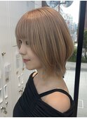 ◎美髪カールベージュレイヤーミディアムボブ似合わせ前髪