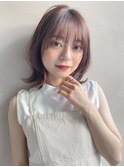 美髪アプリコットオレンジミディアムレイヤーくびれヘアa