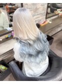 寒色ホワイト×薄水色/バージンレミーエクステ80枚