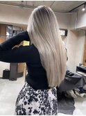 バレイヤージュ、ハイライト、レイヤーロング、グレーベージュ