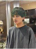 グリーンカラー 根元残しブリーチ メンズマッシュ