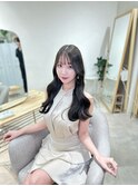小顔薄めバンググレージュレイヤーロング前髪パーマ黒髪