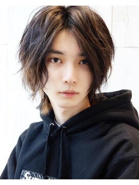 ネイビー(NAVY) ハイライト ミディアムウルフ 立体感カラー センターパート