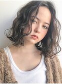 【ACA】前下がりボブモーブカラーセンターパートくせ毛風パーマ
