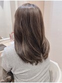 美髪ミディアム髪質改善メッシュ暗めカラー段カットボブルフ50代