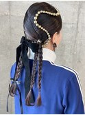 成人式ヘアセット　タイト　編み下ろし　リボン　和装ヘア