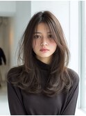 暗髪/透明感/ロングレイヤー/前髪あり/グレーベージュ
