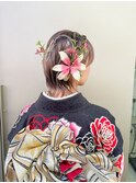 10代20代和装ヘアセットショートボブアレンジ水引金箔ヘア