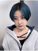 ショート×エンドカラー×ターコイズグリーン