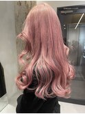 ピンクカラーピンクベージュレイヤーカット韓国ヘアウェーブヘア