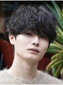 原宿シャドウルーズパーマ波巻きスパイラルメンズカットマッシュ